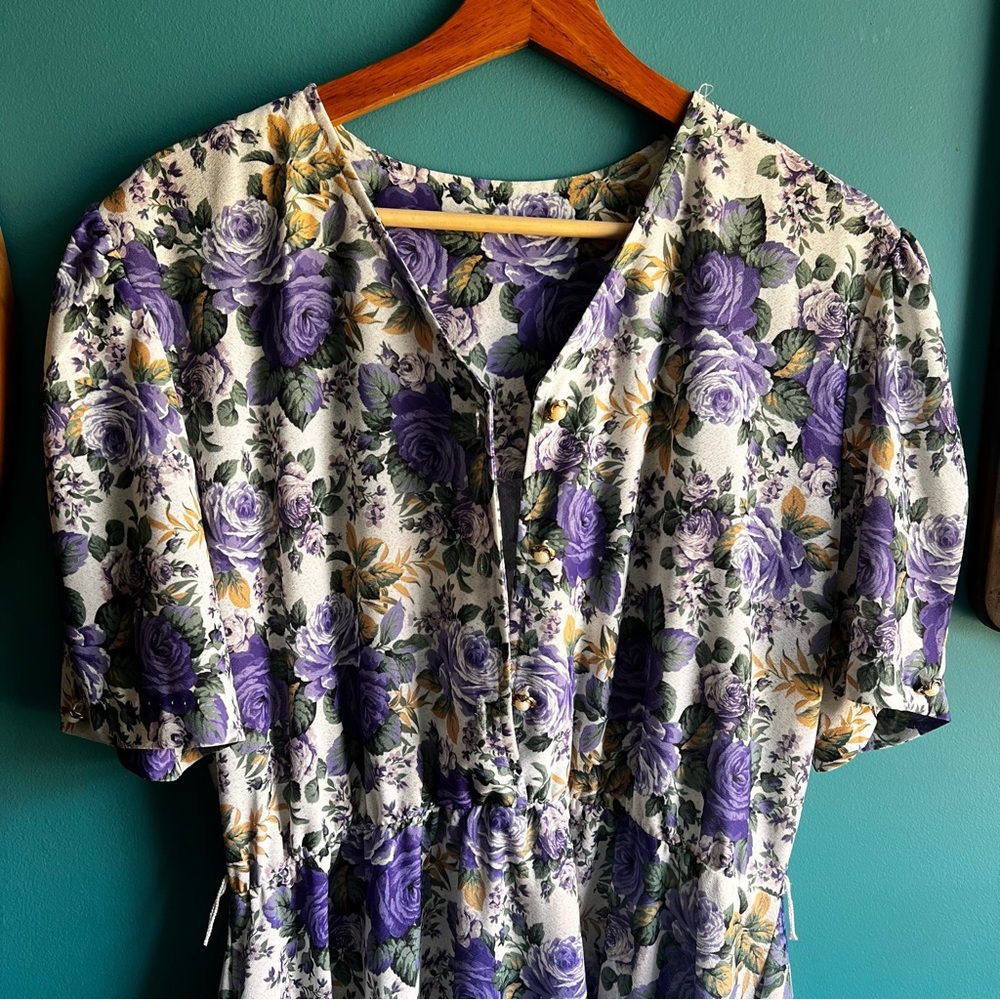 Vintage Floral Purple Rose Print Midi Dress 🥀